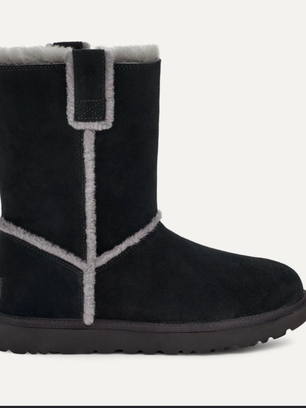 UGG Black Suede Shearling Mid-Calf Boot with Gray Trim